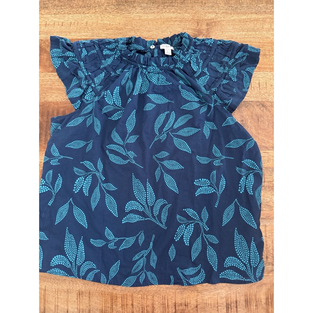 J. crew Ruffle Sleeve Cotton Blouse Women's L Navy Blue Teal Floral Print Top